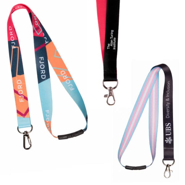 The eco lanyard made in england, printed full colour and fitted with various accessories.