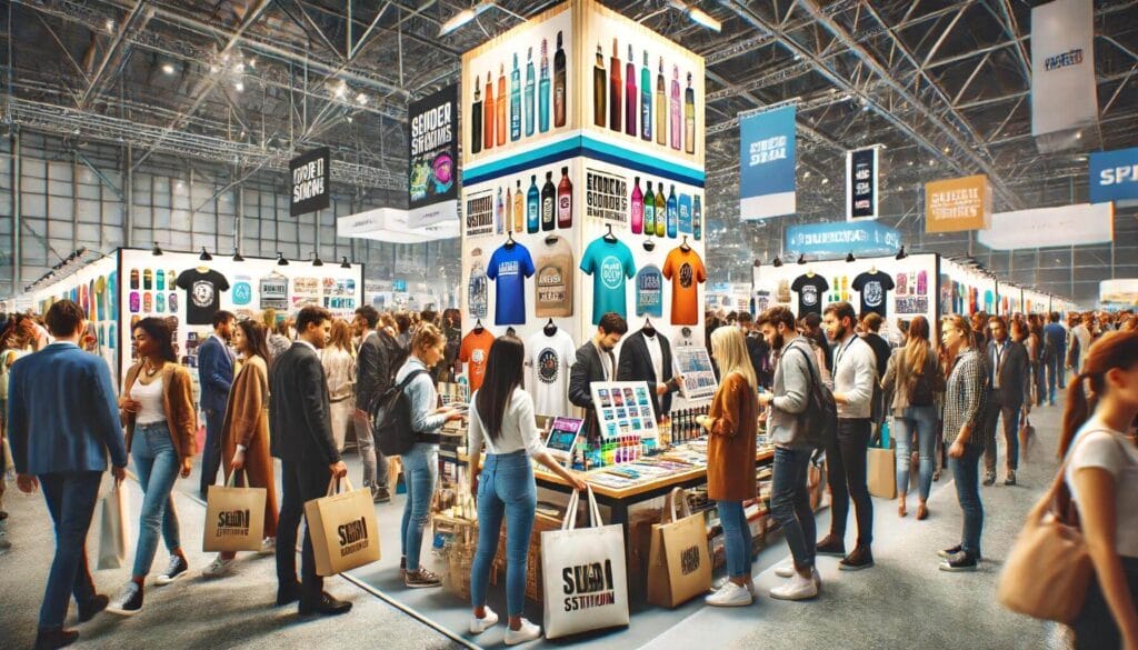 A picture of a busy exhibition trade show stand with branded merchandise and promotional gifts being used by stand visitors