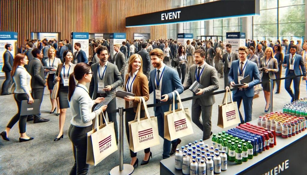Image of a corporate event with promo gifts being handed out to attendees
