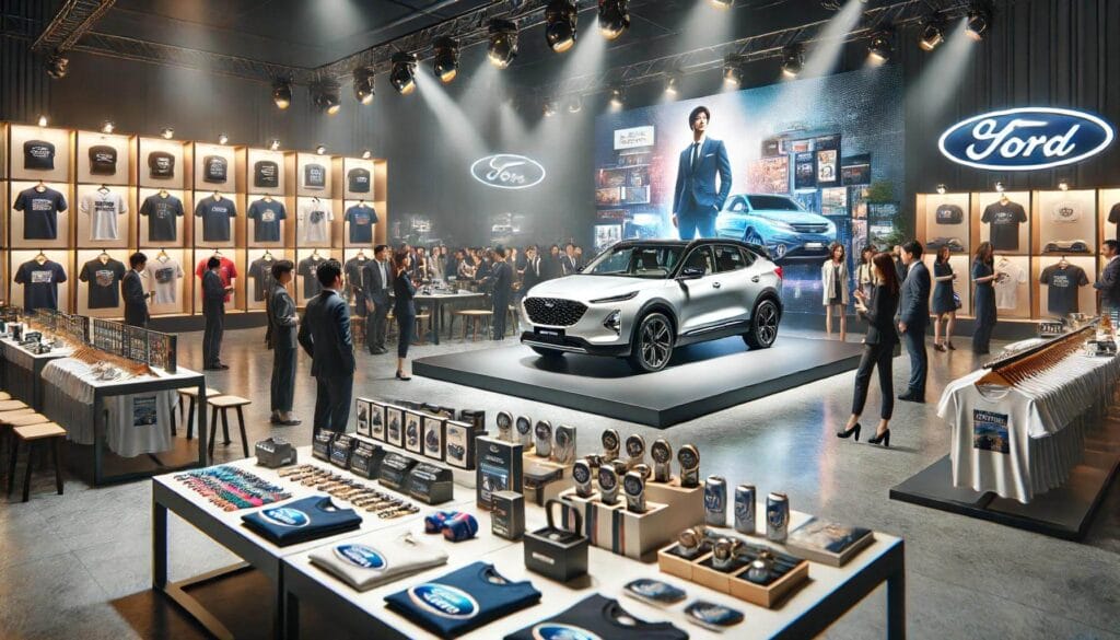 Image of a product launch event showing branded merch available for customers