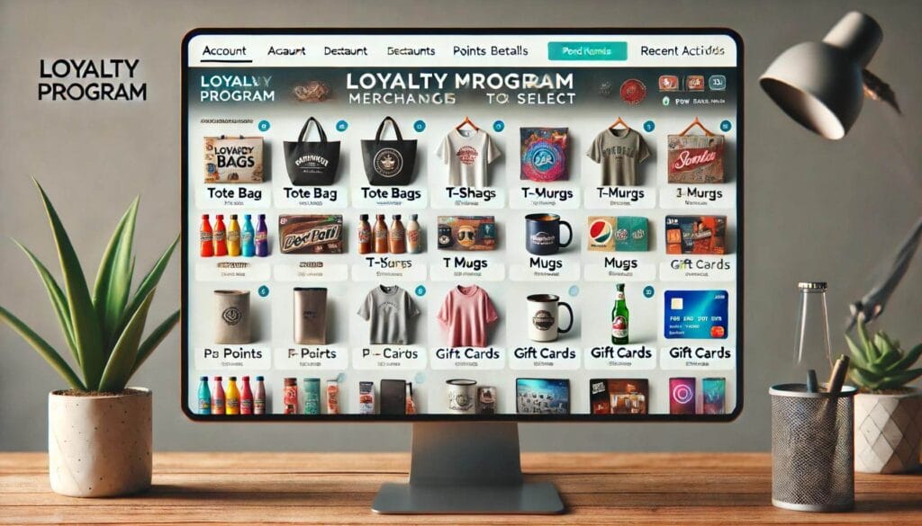 Image of a loyalty program website where customer can select various merch branded