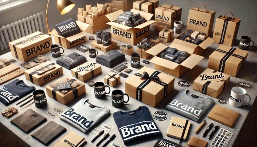 Image depicting a range of branded gifts that are being packaged up to be sent to out.