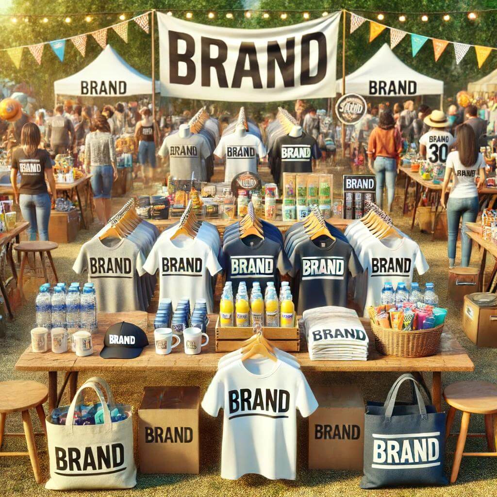 Image depicts a charity fundraising event where branded merchandise is being sold