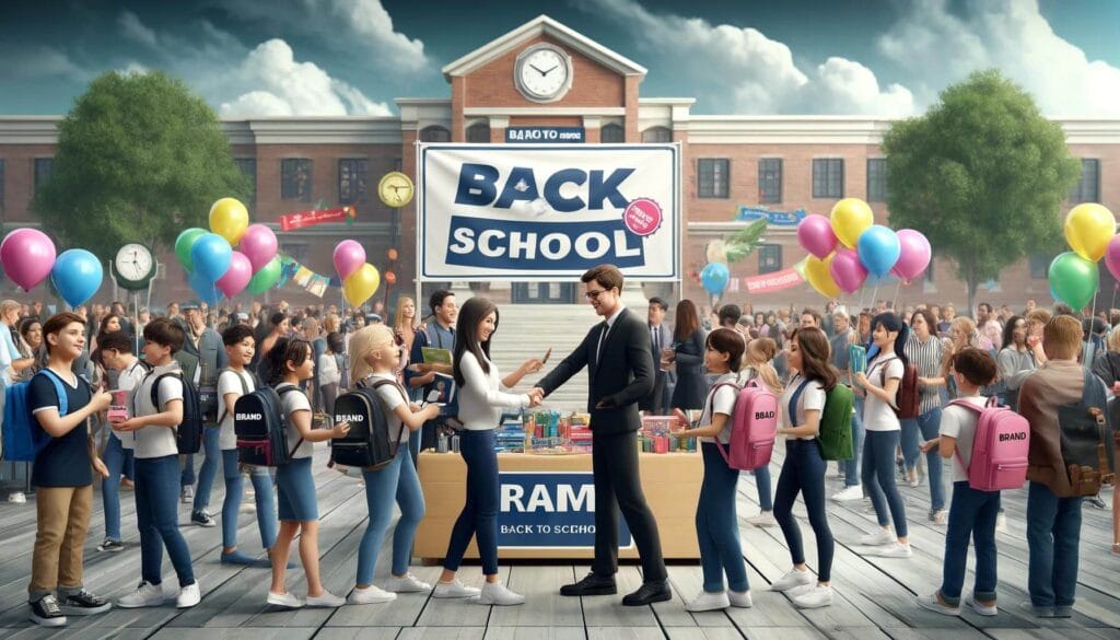 Image of team distributing branded items at a seasonal back to school event.