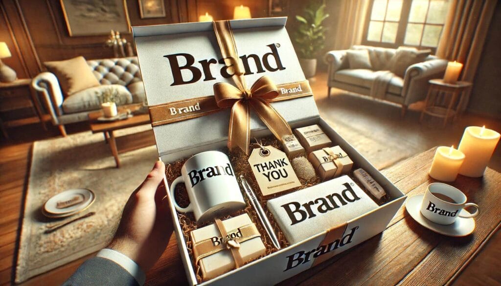 Image of a branded package of items that were sent and received by customers to say thank you for their business